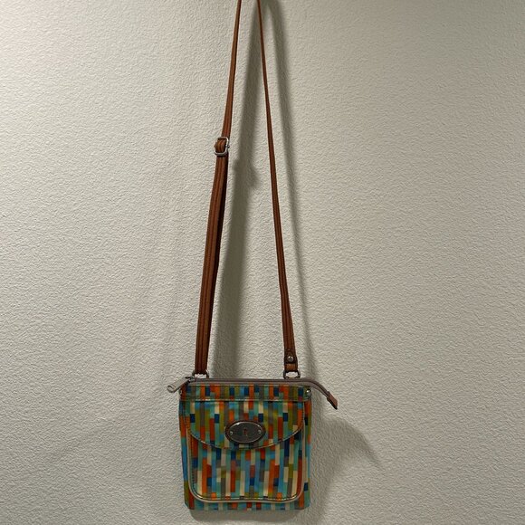 FOSSIL "Key-Per" Coated Canvas Crossbody Vintage Handbag Pockets, Multi "Stripe" - Picture 2 of 9